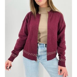 vintage cottagecore wool zip up sweater in burgundy size M